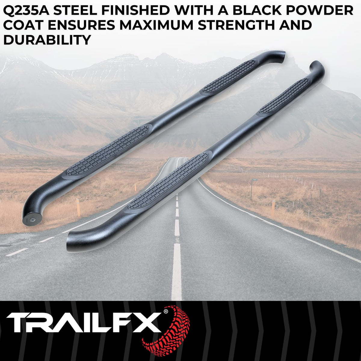 TRAILFX A0068T Trail FX Nerf Bars Fits 2024-2025 Toyota Tacoma Double Cab 3 Inch Round Bent with Step Pads Rocker Panel Mount Powder Coated Titanium Matte Black Steel Without End Caps