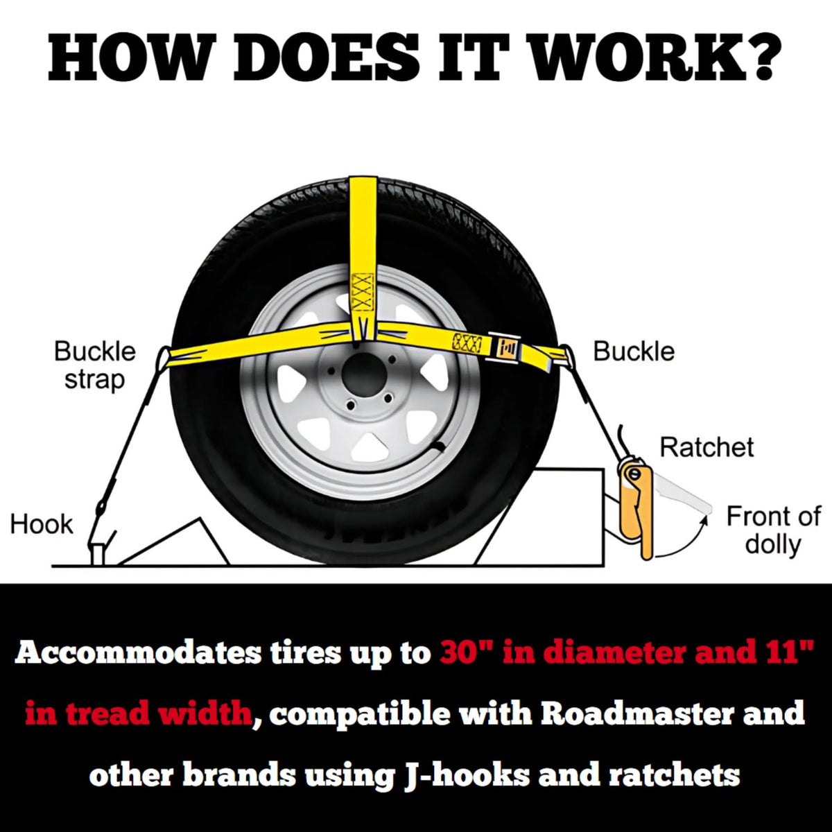 ROADMASTER 2150 Roadmaster 2150 Single Universal Tie Down Strap | Compatible with Tires up to 30" Diameter & 11" Tread Width | 2" Wide Nylon Webbing | 5,000 Pound Capacity | Secures Vehicle to Tow Dolly