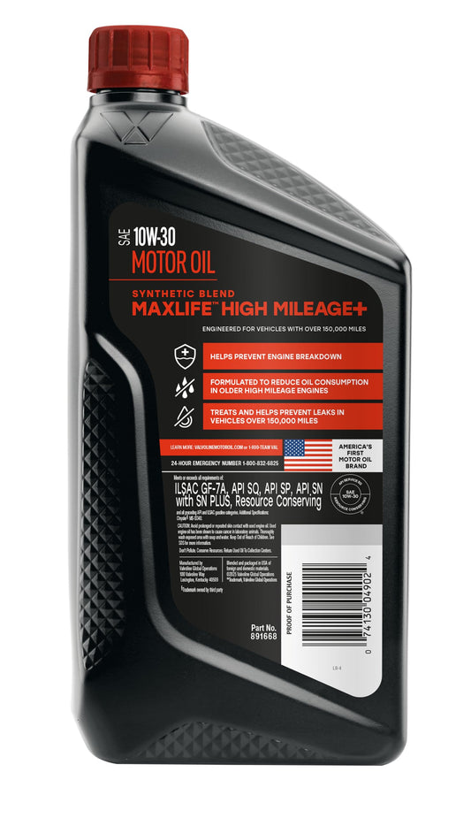 VALVOLINE 891668 Valvoline High Mileage 150K with MaxLife Plus Technology 10W-30 Motor Oil 1 Quart