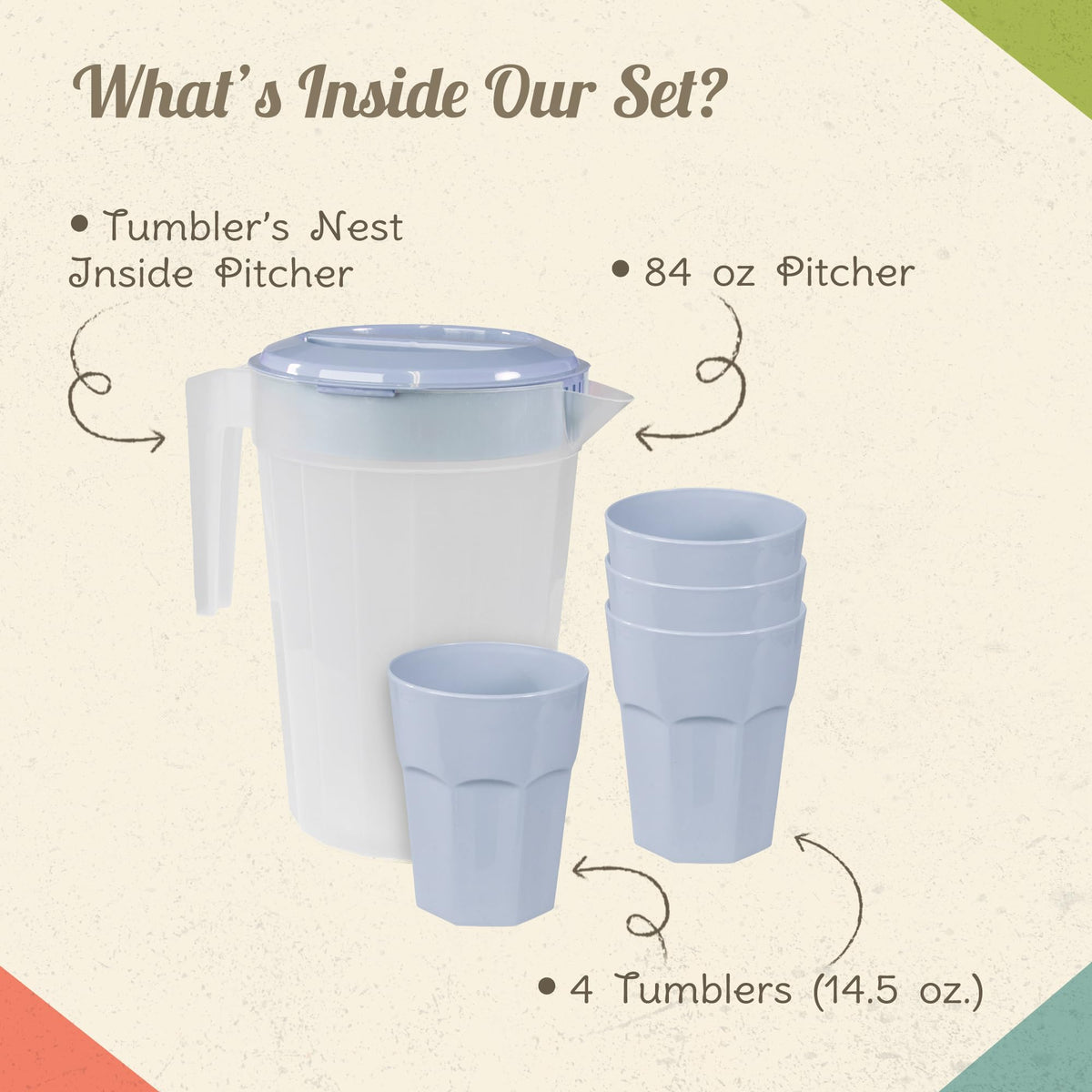 CAMP CASUAL CC-013RR Plastic Pitcher Set - 1 Pitcher with Lid & 4 Camping Cups for Travel, Parties, & Picnics - Sturdy, BPA Free, Dishwasher Safe - 84 oz Water Pitcher & 14.5 oz Cups (Rustic Red)