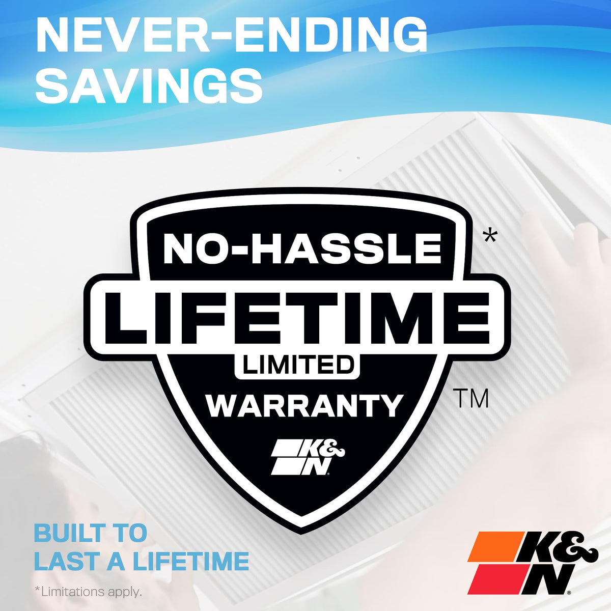 K&N FILTER HVC-12020 K&N 20x20x1 HVAC Furnace Air Filter, Lasts a Lifetime, Washable, Merv 11, the Last HVAC Filter You Will Ever Buy, Breathe Safely at Home or in the Office (Actual Size 19.6 x 19.6 x 0.8 in), HVC-12020