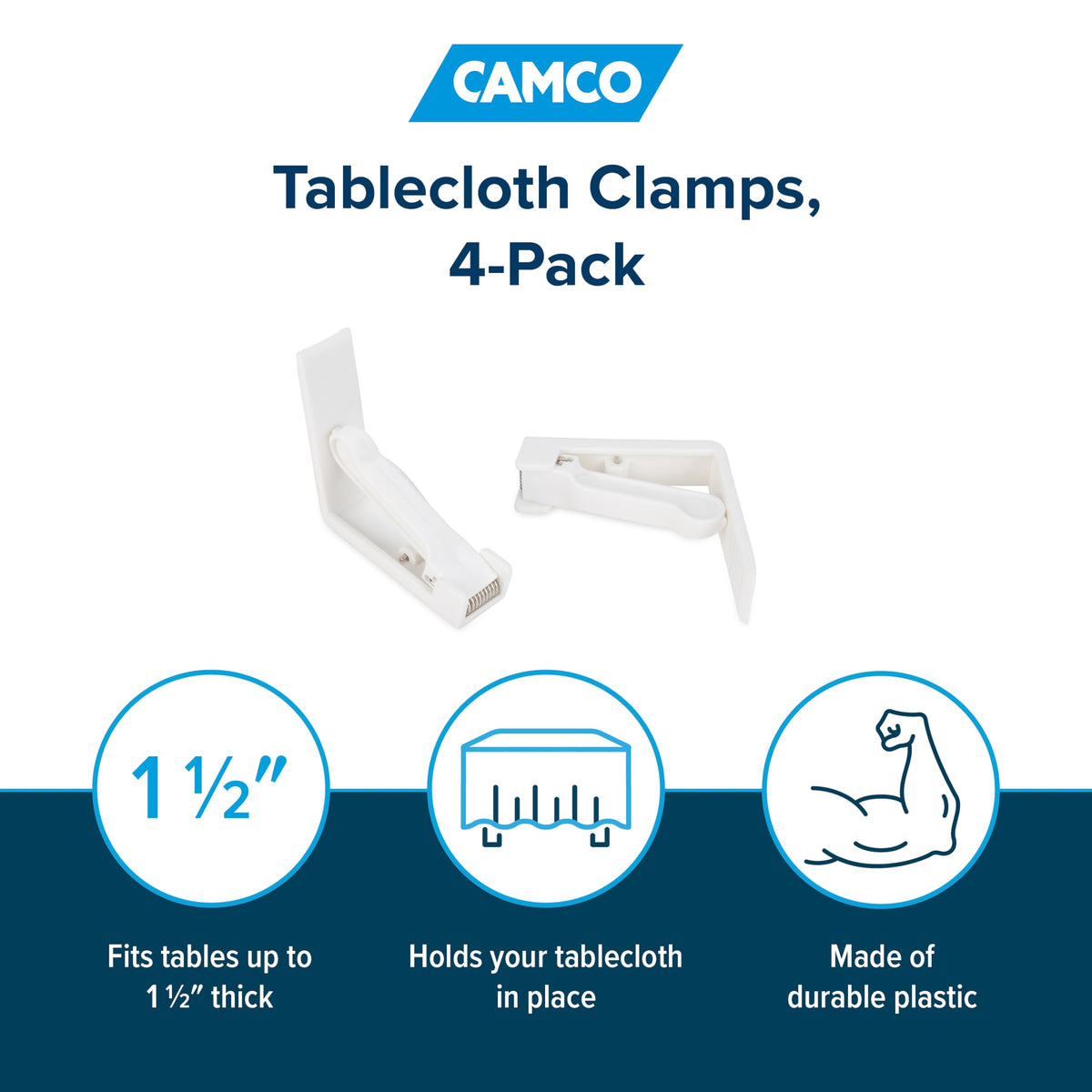 CAMCO 51077 Camco Deluxe Tablecloth Clamps | Features a Spring-Loaded Design for a Strong Hold, a Heavy-Duty Plastic Construction, and Fits Tables Up to 1-1/2-Inches Thick | 4-Pack (51077)
