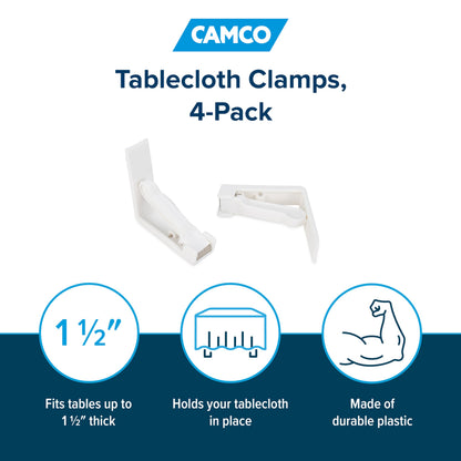 CAMCO 51077 Camco Deluxe Tablecloth Clamps | Features a Spring-Loaded Design for a Strong Hold, a Heavy-Duty Plastic Construction, and Fits Tables Up to 1-1/2-Inches Thick | 4-Pack (51077)