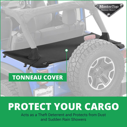 MASTERTOP 14810424 MasterTop 3-Piece Ultimate Summer Soft Top Combo - Bimini Soft Top, Wind Stopper Cab Curtain, and Tonneau Deck Cargo Cover - Fits Jeep Wrangler JK JKU Unlimited 4-Door 2007-2009 - Black MasterTwill