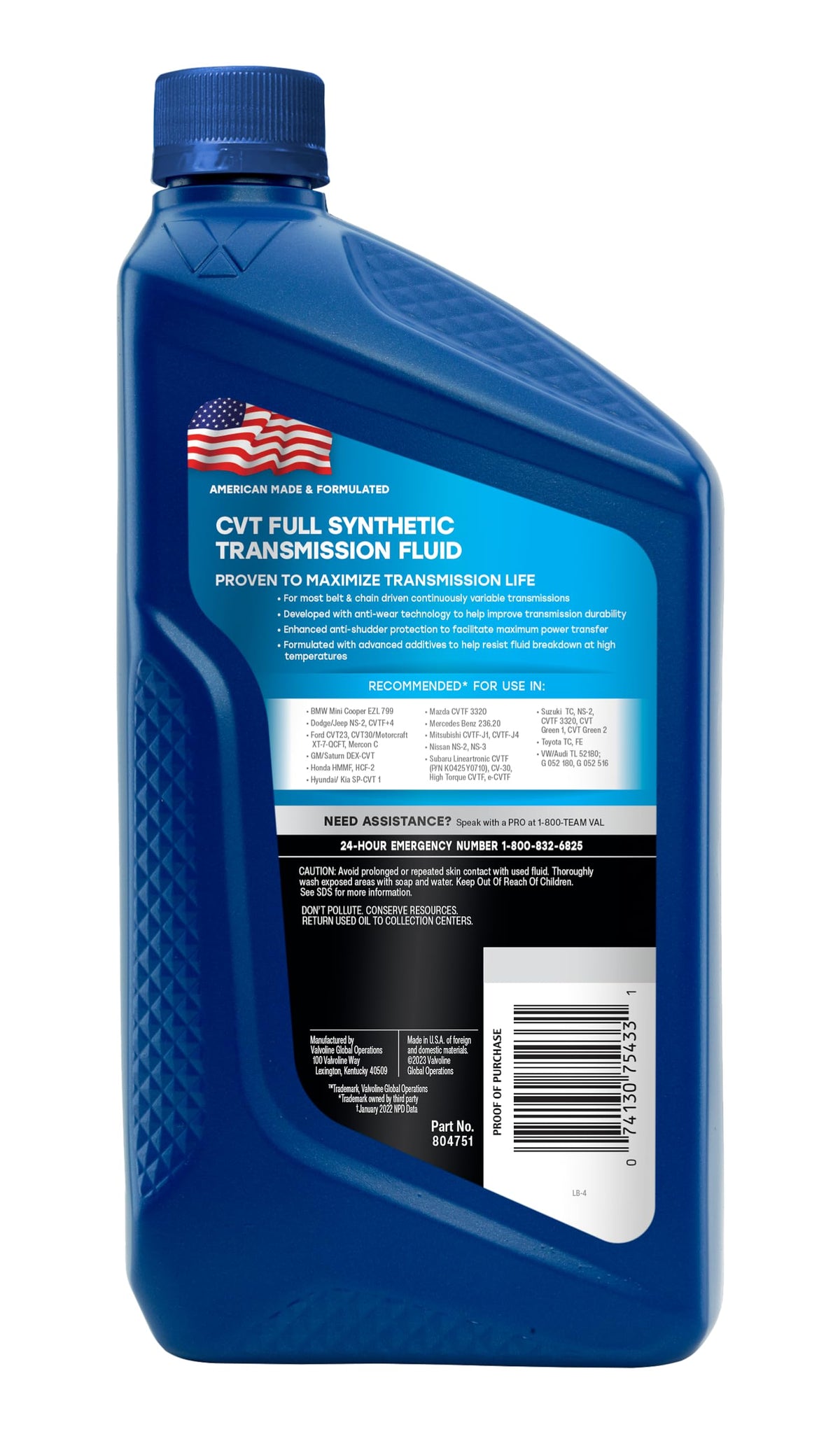 VALVOLINE 8047511 Valvoline CVT Full Synthetic Continuously Variable Transmission Fluid 1 Quart