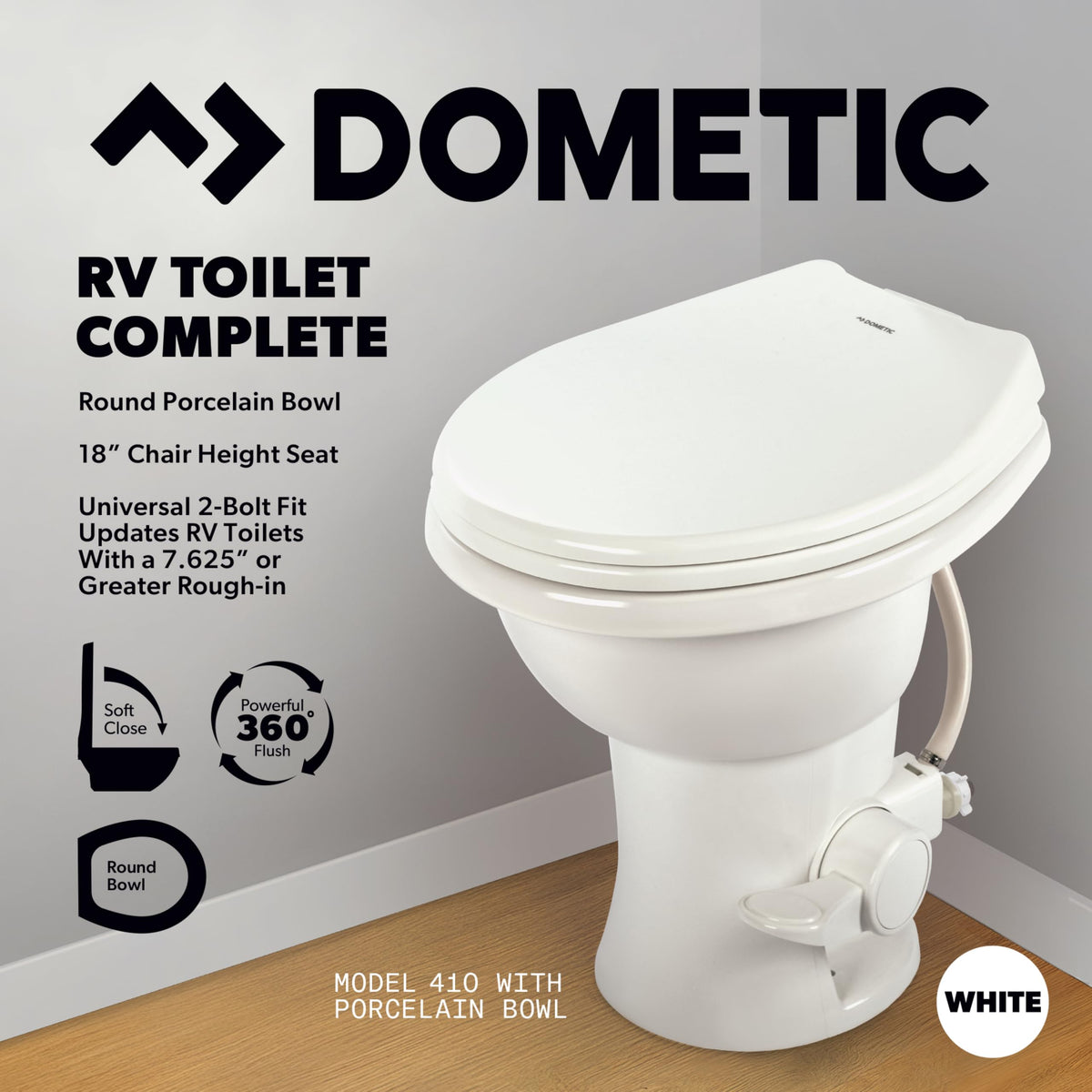 DOMETIC 9610008259 Dometic Model 410 Complete RV Toilet – Round Porcelain Bowl, Universal Fit & 2-Bolt Mount, 18" Chair Height Residential-Style, Gravity Flush Toilet with Soft-Close Seat, White (9610008259)