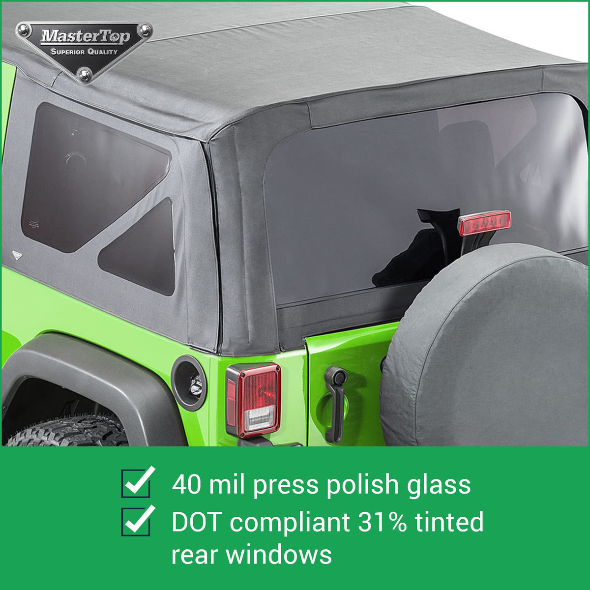 MASTERTOP 15101835 MasterTop Premium Replacement Fabric Only Soft Top - Fits Jeep Wrangler JK 2-Door 2013-2018 - Zip Up Removable Windows - DOT Approved 31% Window Tint - Upgraded Cable Style Design, Black Diamond