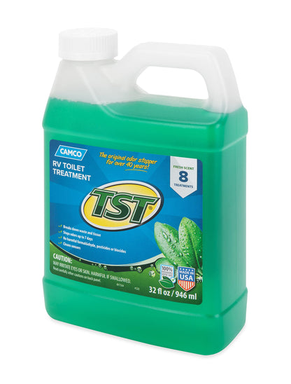 CAMCO 40226 Camco TST Fresh Scent RV Toilet Treatment - Formaldehyde Free - Breaks Down Waste And Tissue - Septic Tank Safe - Treats up to 8-40 Gallon Holding Tanks (32 Ounce Bottle) (40226)