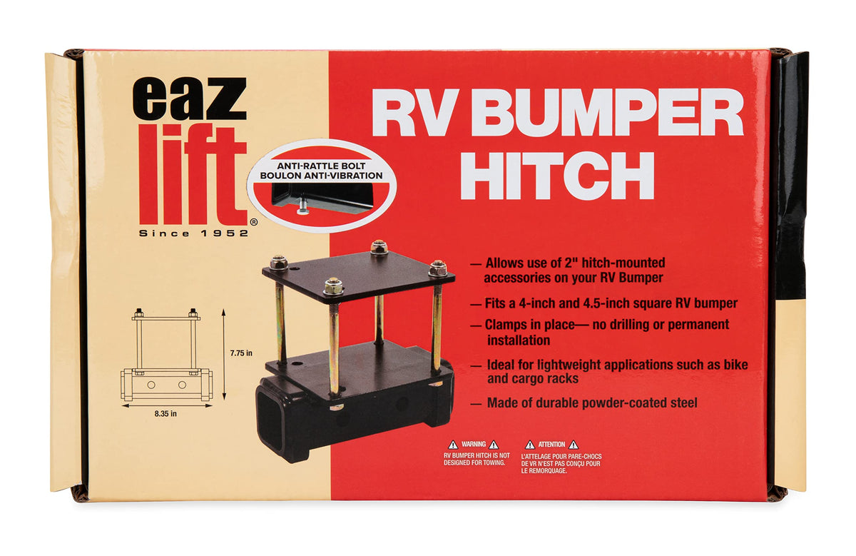 CAMCO 48473 Camco Eaz-Lift Camper/RV Bumper Hitch - Ideal for Bikes, Cargo Racks & More - Clamps onto 4” Square RV Bumpers - No Drilling Required for Install - Crafted of Heavy Duty Powder-Coated Steel (48473)