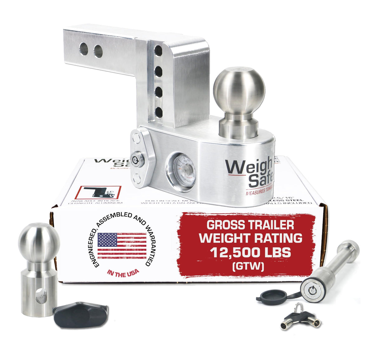 WEIGH SAFE WS4-2-KA Weigh Safe Aluminum Adjustable Trailer Hitch - Towing Hitch with Built-In Tongue Weight Scale - Compatible with 2" Receivers - 4" Drop, Stainless Steel Tow Balls, 12,500 GTW, 2-Piece Lock Set