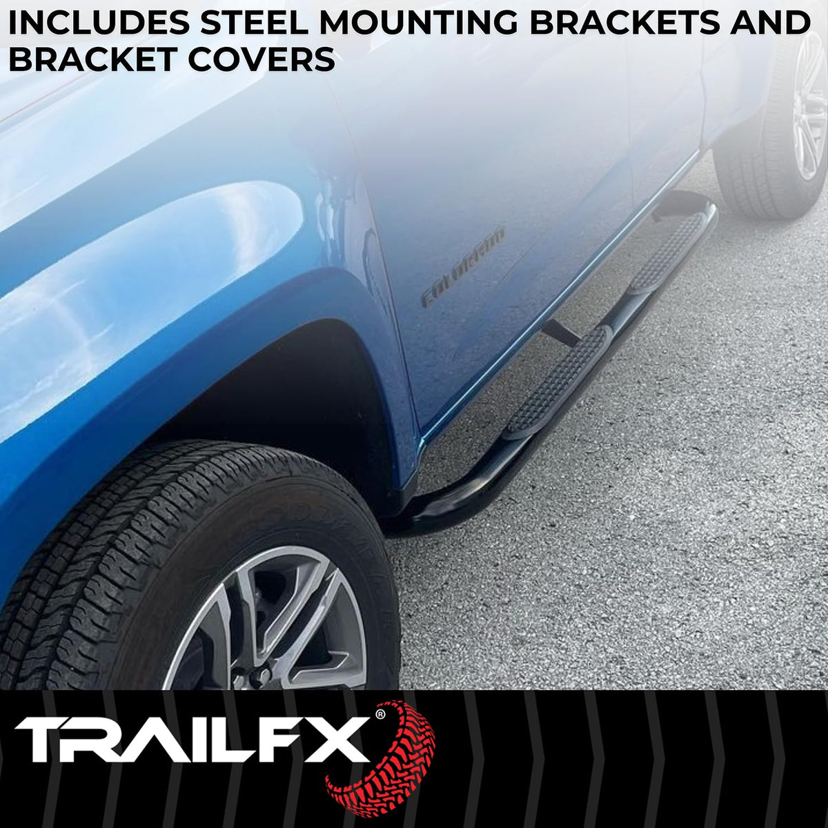 TRAILFX A0068T Trail FX Nerf Bars Fits 2024-2025 Toyota Tacoma Double Cab 3 Inch Round Bent with Step Pads Rocker Panel Mount Powder Coated Titanium Matte Black Steel Without End Caps