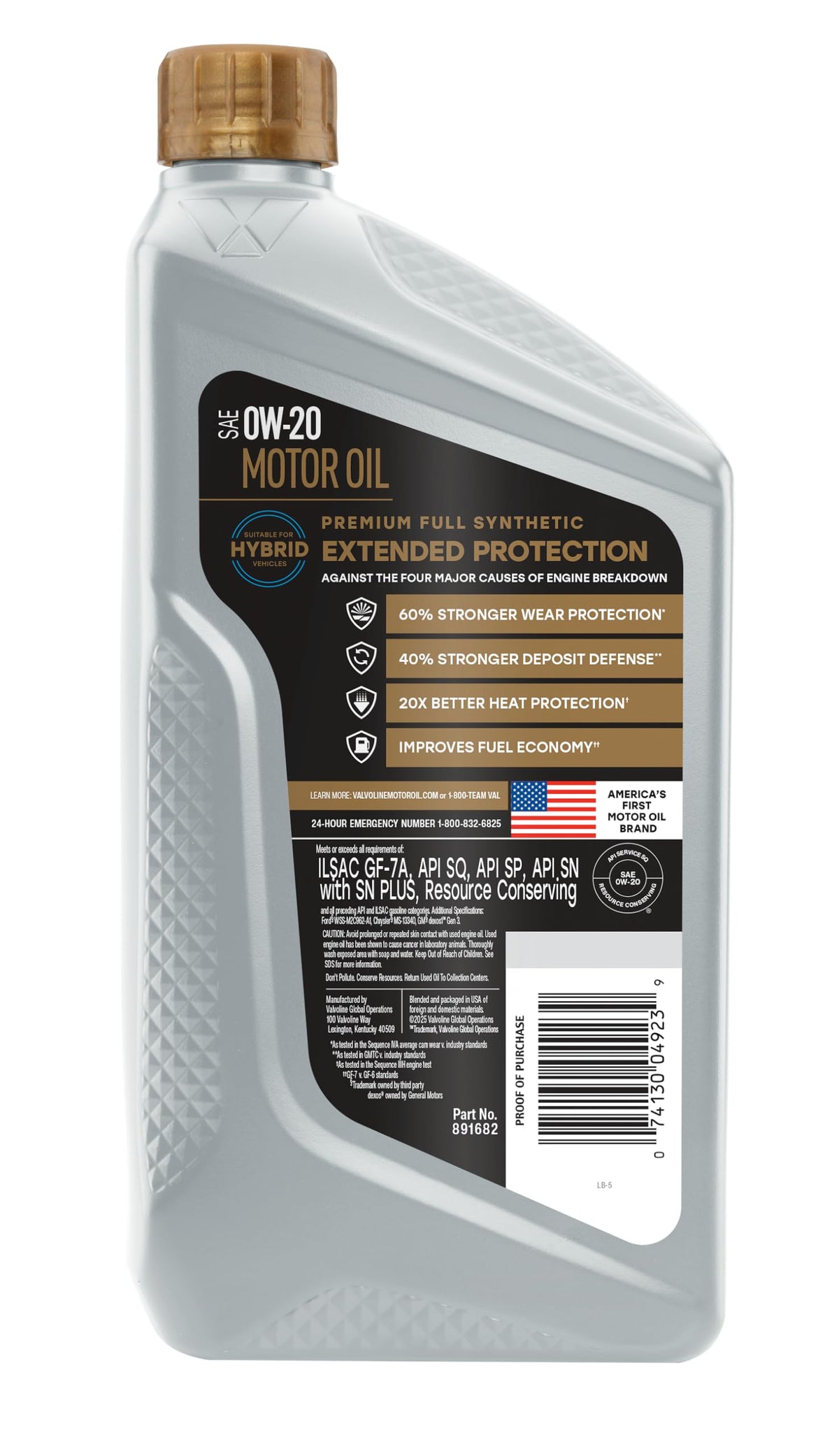 VALVOLINE 891682 Valvoline Extended Protection Full Synthetic Motor Oil SAE 0W-20 1 QT