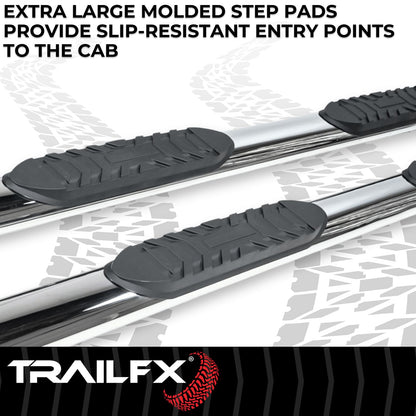 TRAILFX A1557S TrailFX A1557S Nerf Bars for Toyota Tundra Double Cab 2022-2025 Polished Stainless Steel 4 Inch Oval Straight Side Steps with Step Pads Welded End Caps Rocker Panel Mount Running Board Pair