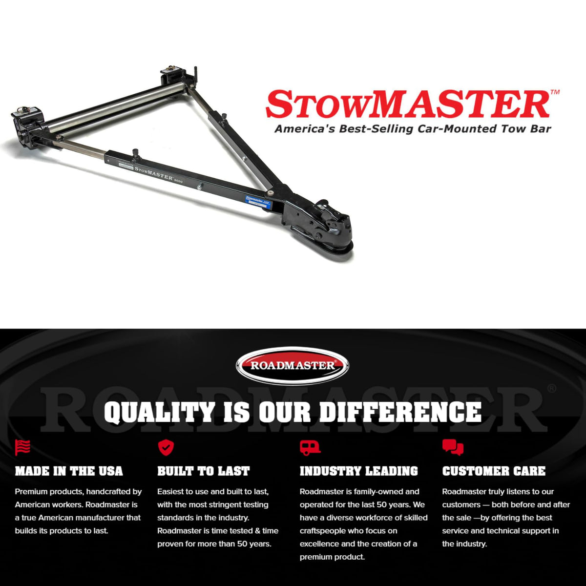 ROADMASTER 501 Roadmaster 501 Stowmaster Tow Bar with 2" Coupler fits Baseplates | Hauls Up to 6,000 lbs | Large Hook-Up Radius | Powder-Coated Finish | Self-lubricating Bushings