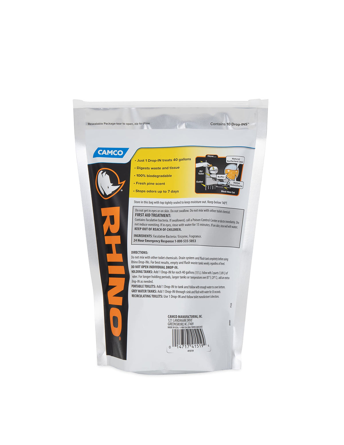 CAMCO 41519 Camco RhinoFLEX Premium Enzyme RV Holding Tank Treatment Drop-INs | Features a Biodegradable Septic Safe Formula, a Pine Scent, and is Ideal for RVing, Boating, and More | 10 Count (41519)