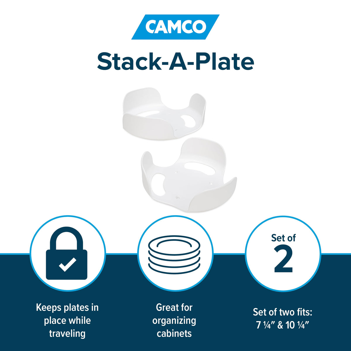 CAMCO 43601 Camco Stack-A-Plate Holder | 2 Different Sizes of Plate Holders | One Plate Holder Fits Plates Up to 7.25” & Other Dish Holder Fits Plates Up to 10.25” | Great for Travel, RV Storage & More (43601)