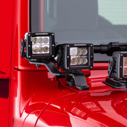 GO RHINO 730231T Go Rhino XE Windshield Cowl LED Light Mounts for Dual 3x3 LED Cubes Offset | Mild Steel, Textured Black | 730231T | Fits 2018-2024 Jeep Wrangler JL/JLU; 20-24 Jeep Gladiator JT Excludes Mojave