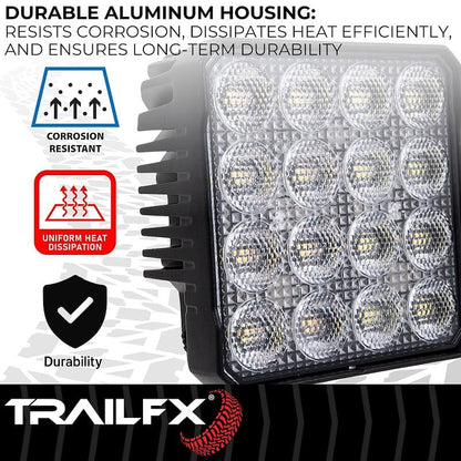 TRAILFX 4X4WLAMF1 TrailFX 4X4WLAMF1 Square LED Work Light 4 Inch 80W Flood Beam Dual White and Amber Flash 11200 Raw Lumens Black Aluminum Pedestal Mount with Installation Hardware