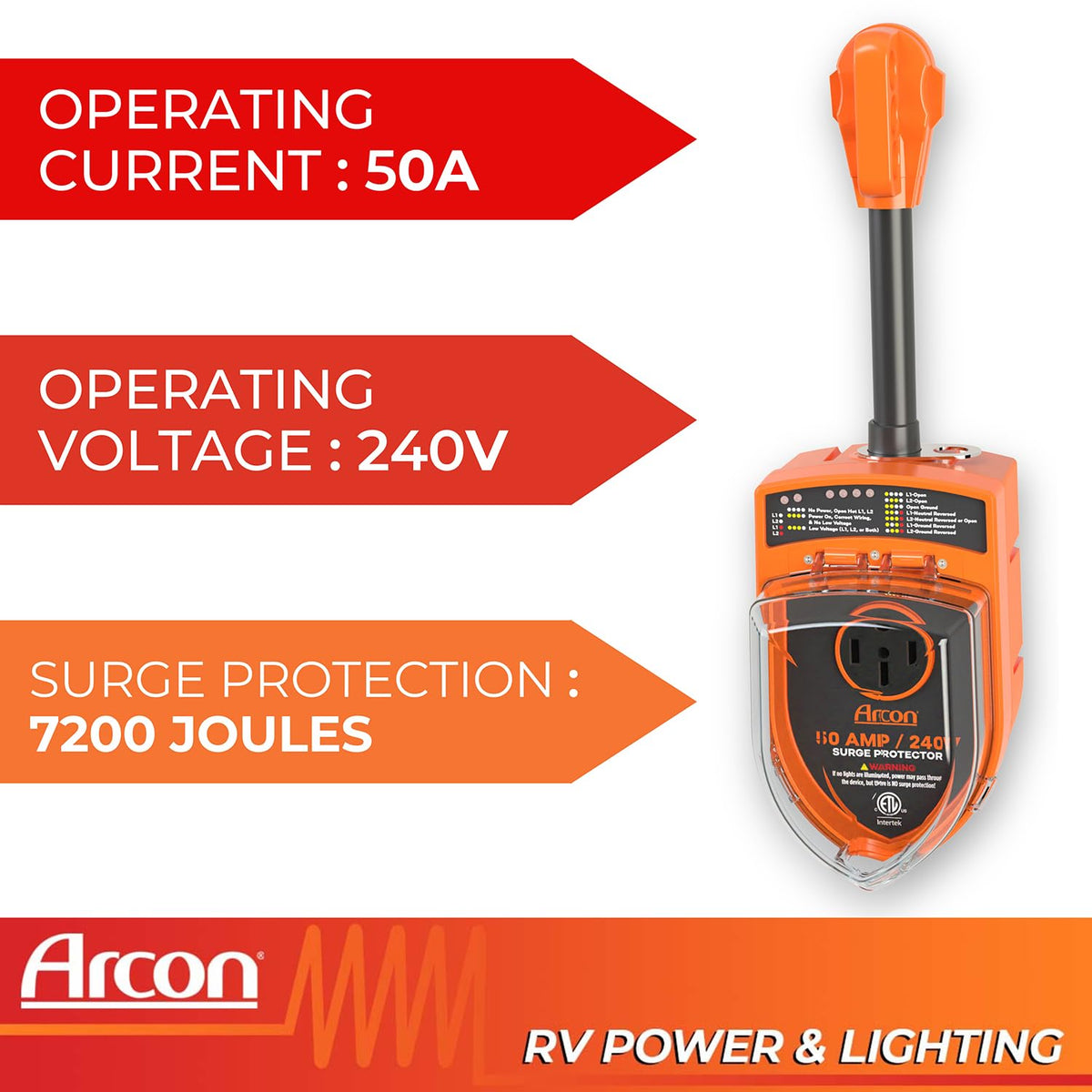ARCON 19759 Arcon Surge Protector 19759, Portable, 50 Amp, 240 Volt, with Plug Head Handle Grip, 7200 Joules of Power Surge Protection