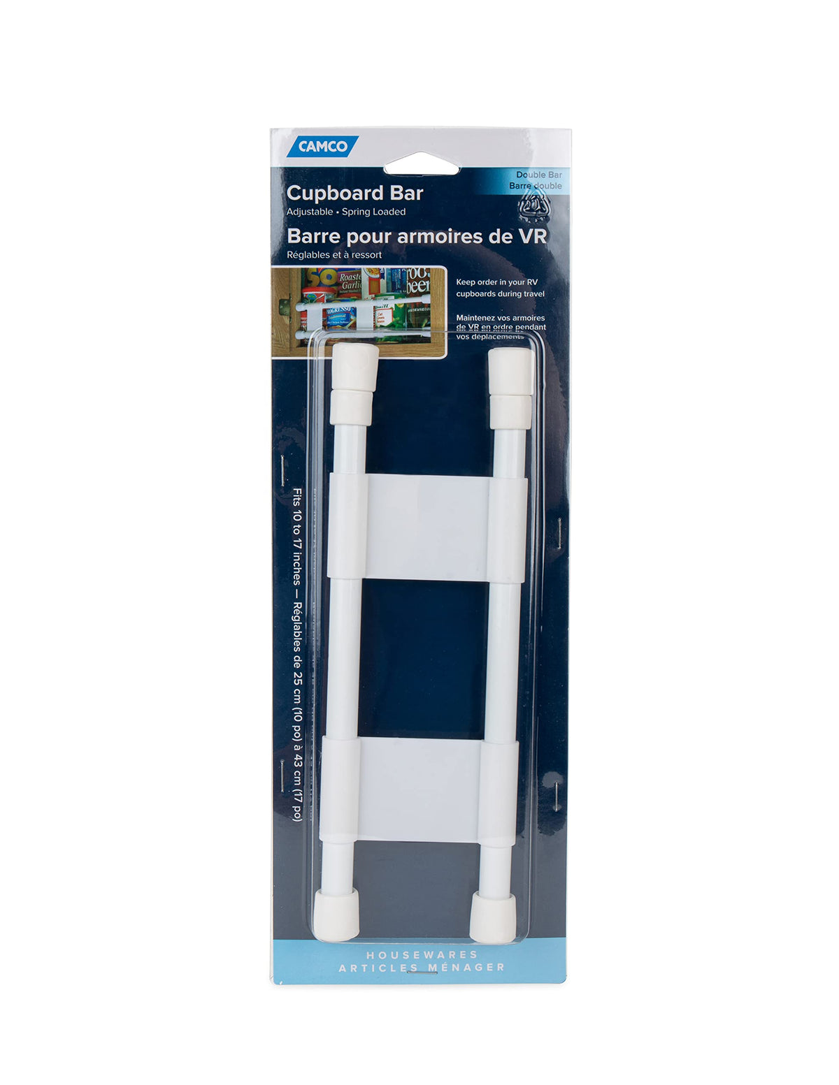 CAMCO 44093 Camco 17" Double RV Refrigerator Bar -Holds Food and Drinks in Place During Travel - Prevents Messy Spills - Spring Loaded and Extends Between 10" and 17" - White (44093)