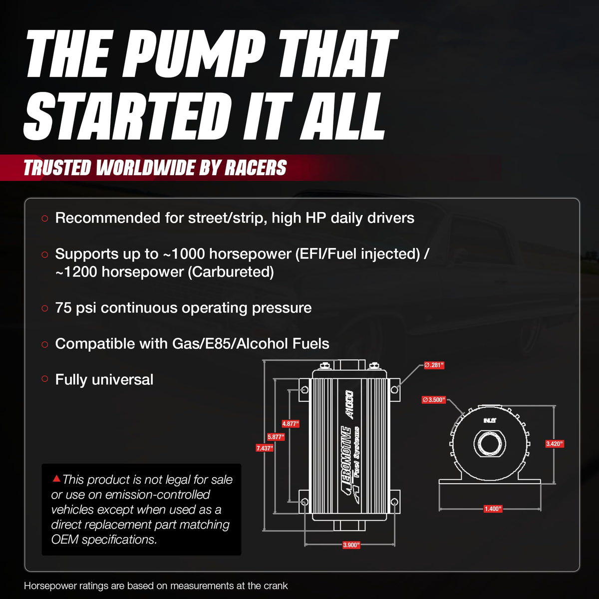 AEROMOTIVE 11101 Aeromotive A1000 In-Line Electric Fuel Pump - 12V Inline External - 11101