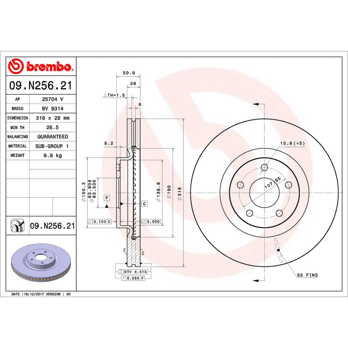BREMBO 09N25621C02 Brembo 09.N256.21 UV Coated vented Brake Rotor FORD/FORD (CHANGAN) OE# 5202200