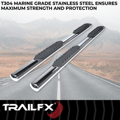 TRAILFX A1545S TrailFX Nerf Bars for Jeep Wrangler JL 4 Door 2018-2025 Polished Stainless Steel 4 Inch Oval Straight Side Steps with Step Pads Welded End Caps Rocker Panel Mount Running Board Pair TrailFX A1545S