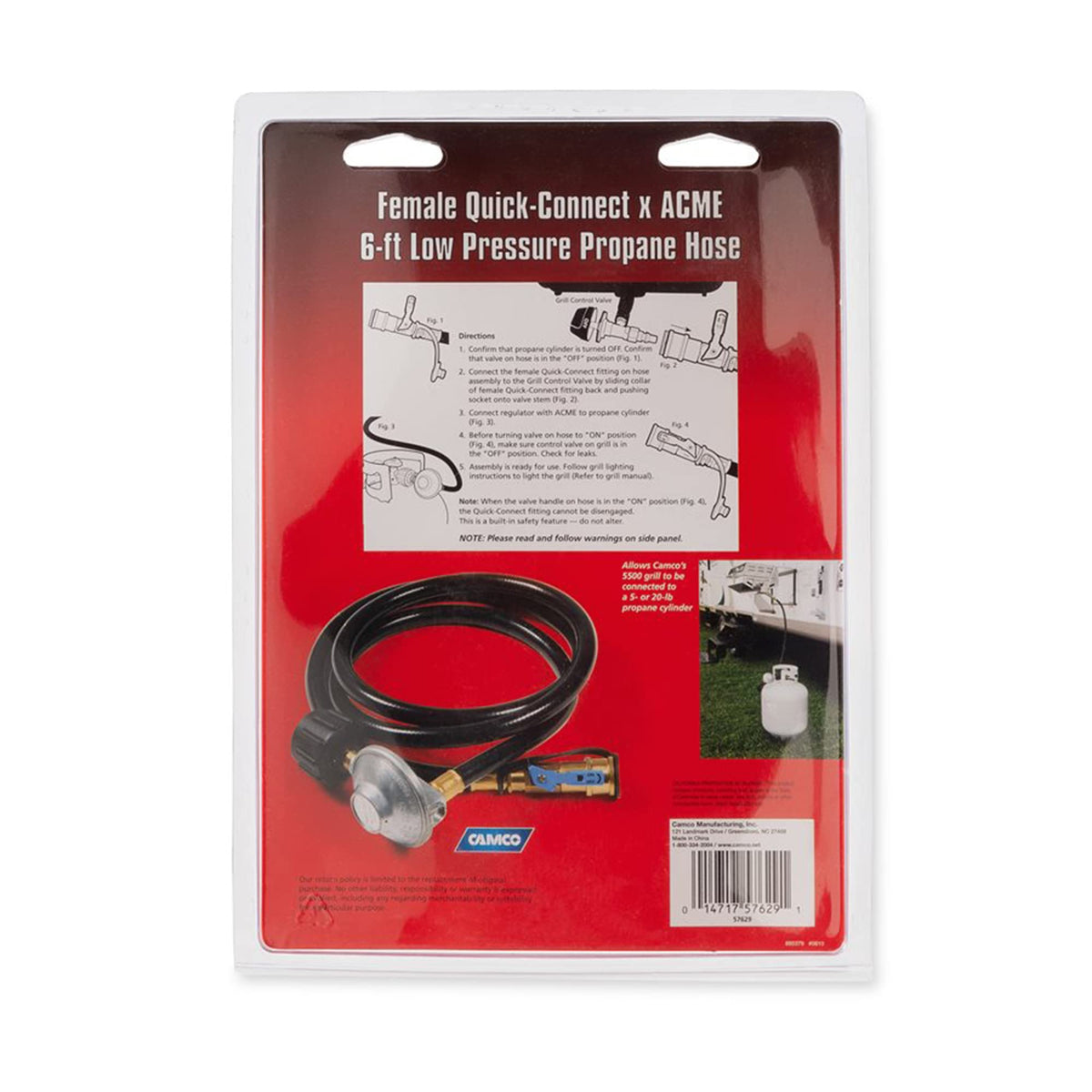 CAMCO 57629 Camco Regulator with 6 Foot Propane Hose and Female Quick Connect Acme Nut for Low Pressure Gas Appliances, Black (Gas Bottle Sold Separately)