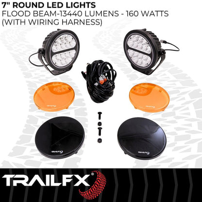 TRAILFX 7RNDF2 Trailfx 7RNDF2 Fog Lights Set of 2 Round 7 Inch Round LEDs 80W Flood Beam 6720 Raw Lumens Black Aluminum IP68 and IP69K With Harness Switch Brackets Amber Lens