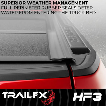TRAILFX TFX8000 TrailFX Hard Tri-Fold Tonneau Cover Fits 2021-2025 Ford F-150 5.5 Foot Bed Hard Folding Cover 3 Folds 3 Panels Lockable Tailgate Handle Gloss Black Textured Aluminum Clamp-On Installation