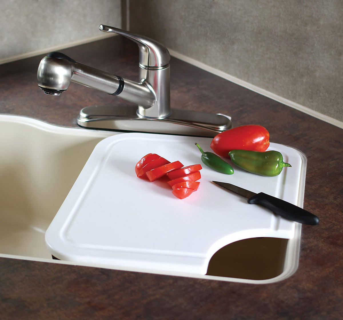 CAMCO 43857 Camco Camper/RV Sink Mate Cutting Board | Features Built-In Juice Groove & Cut Corner for Scrap Disposal | Designed w/Adjustable Rubber Feet for Different Sink Sizes | Expand Kitchen Workspace (43857)