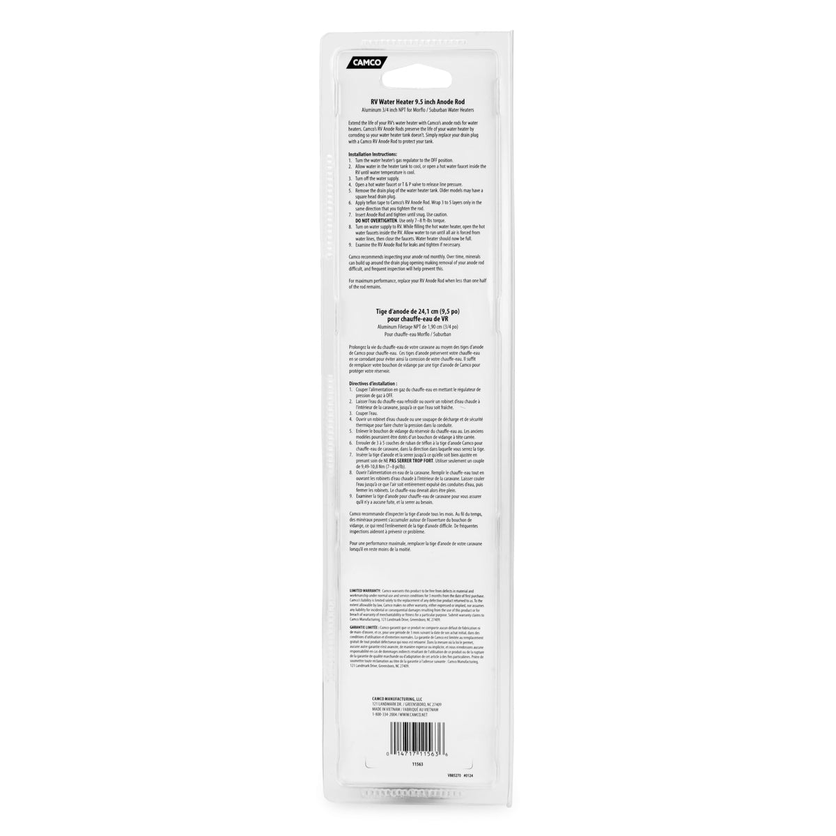 CAMCO 11563 Camco Aluminum RV Water Heater Anode Rod - 3/4 Inch NPT Fits Suburban/Mor-Flo Models - 5/8 Inch x 9.5 Inch - Extends The Life of Water Heaters by Attracting Corrosive Elements (11563)