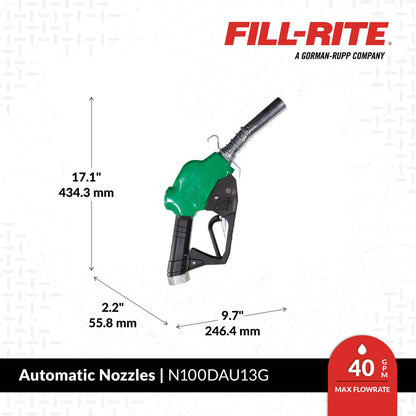 FILL RITE N100DAU13G Fill-Rite N100DAU13G 1" 5-40 GPM (19-150 LPM) Ultra High Flow Automatic Nozzle - Compatible with Gasoline, Diesel, Biodiesel up to B20, E15 & Kerosene - Green