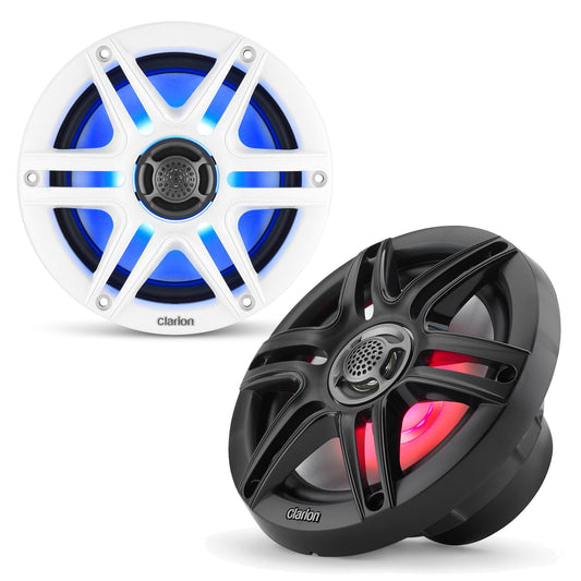 CLARION 010-03046-00 Clarion CMS-651RGB-SWB 6.5-inch Coaxial Marine Speakers with Built-in RGB Illumination 30W RMS Power handling 1/2-inch (13 mm) Polymer Dome Tweeter Includes White & Black Sport Grilles