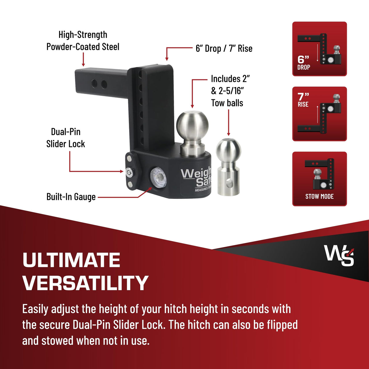 WEIGH SAFE SWS6-2 Weigh Safe SWS6-2 Steel Adjustable 6" Drop, Stainless Steel Balls for 2" Receiver 12,500 GTW
