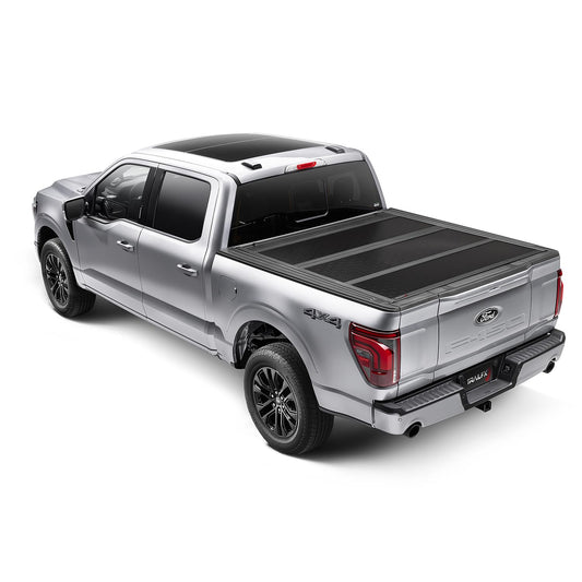 TRAILFX TFX8000 TrailFX Hard Tri-Fold Tonneau Cover Fits 2021-2025 Ford F-150 5.5 Foot Bed Hard Folding Cover 3 Folds 3 Panels Lockable Tailgate Handle Gloss Black Textured Aluminum Clamp-On Installation