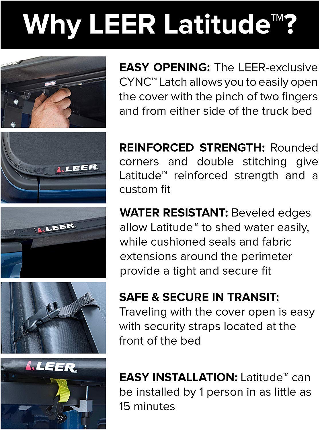 LEER 630170 LEER Latitude | Fits 2014-2018 GM Chevy Silverado/GMC Sierra with 6.6 FT Bed | Easy Install, Soft Tri-Fold Truck Bed Tonneau Cover