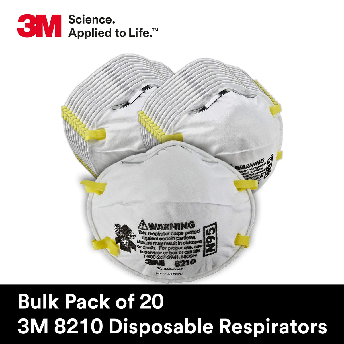3M 46457 3M Particulate Disposable Respirator 8210, N95, Pack of 20, NIOSH APPROVED