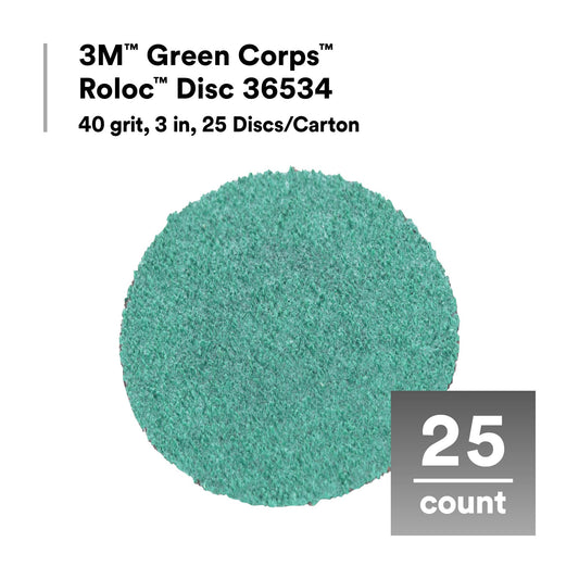 3M 36536 3M Green Corps Roloc Disc 36536, 80+ Grit, 3 in, Pack of 25 Heavy Duty, Quick Change Discs for Grinding, Coating Removal, Fast Cutting
