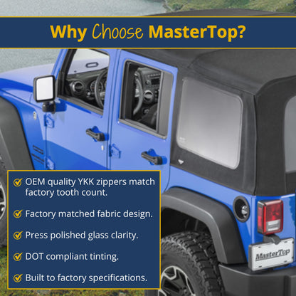 MASTERTOP 16011835 MasterTop Soft Top Replacement Quarter Window, Driver Side - Fits Jeep Wrangler JK 2007-2018 - Compatible with Mopar Factory Soft Tops (Fits 07-18 2-Door, Black Diamond)