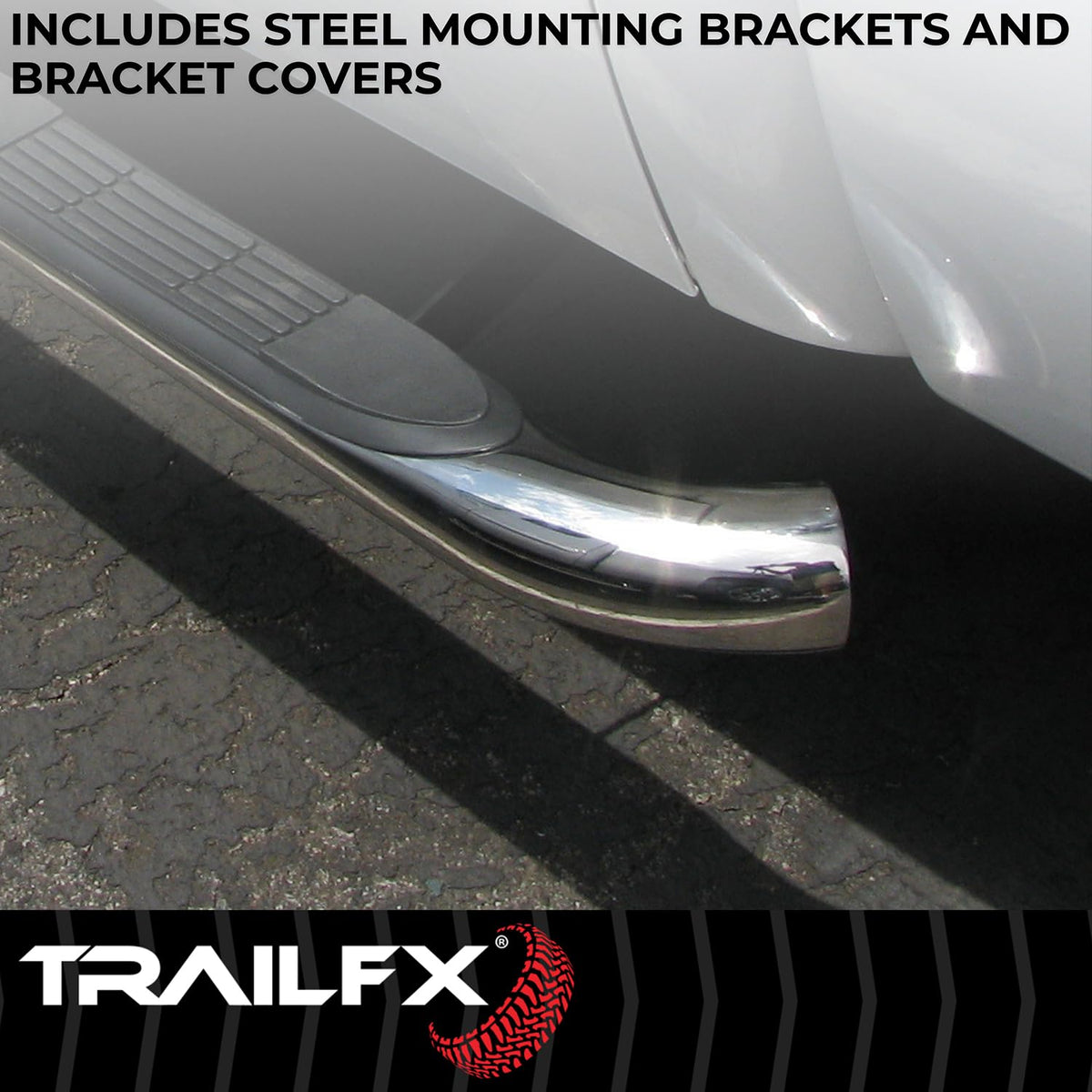 TRAILFX A0068S TrailFX A0068S 3 Inch Round Bent Nerf Bar Pair with Step Pads Fits 2024-2025 Toyota Tacoma Polished T304 Marine-Grade Stainless Steel Rocker Panel Mount Slip-Resistant Bolt On Install