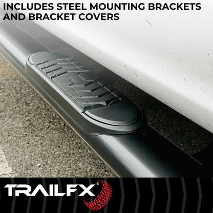 TRAILFX A7102T Trail FX Side Step Bars 5 Inch Oval Straight Nerf Bars with Step Pads and Bed Step Fits 2024-2025 Toyota Tacoma Black Powder-Coated Steel Rocker Panel Mount Bolt On Installation TrailFX A7102T