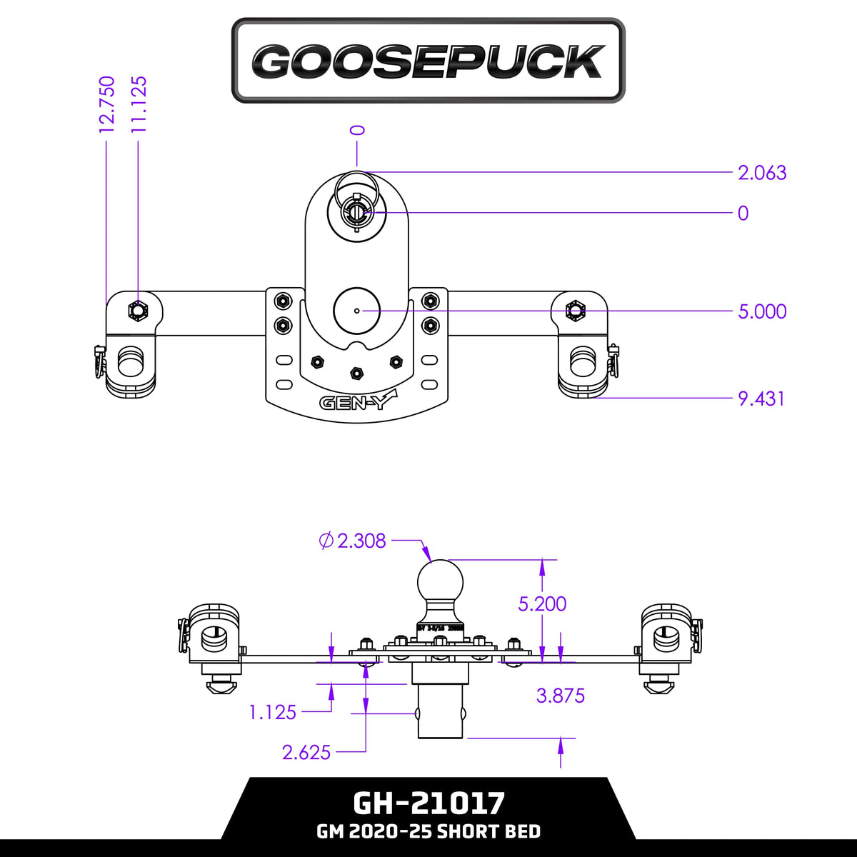 GEN-Y HITCH GH-21017 GEN-Y Hitch GoosePuck GEN II Main Assembly - 5" Offset - 25K Overall Towing - with Safety Chain Anchors Incorporated - Compatible with GM 2020 to Current Short and Long Bed Trucks