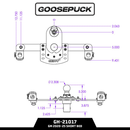 GEN-Y HITCH GH-21017 GEN-Y Hitch GoosePuck GEN II Main Assembly - 5" Offset - 25K Overall Towing - with Safety Chain Anchors Incorporated - Compatible with GM 2020 to Current Short and Long Bed Trucks