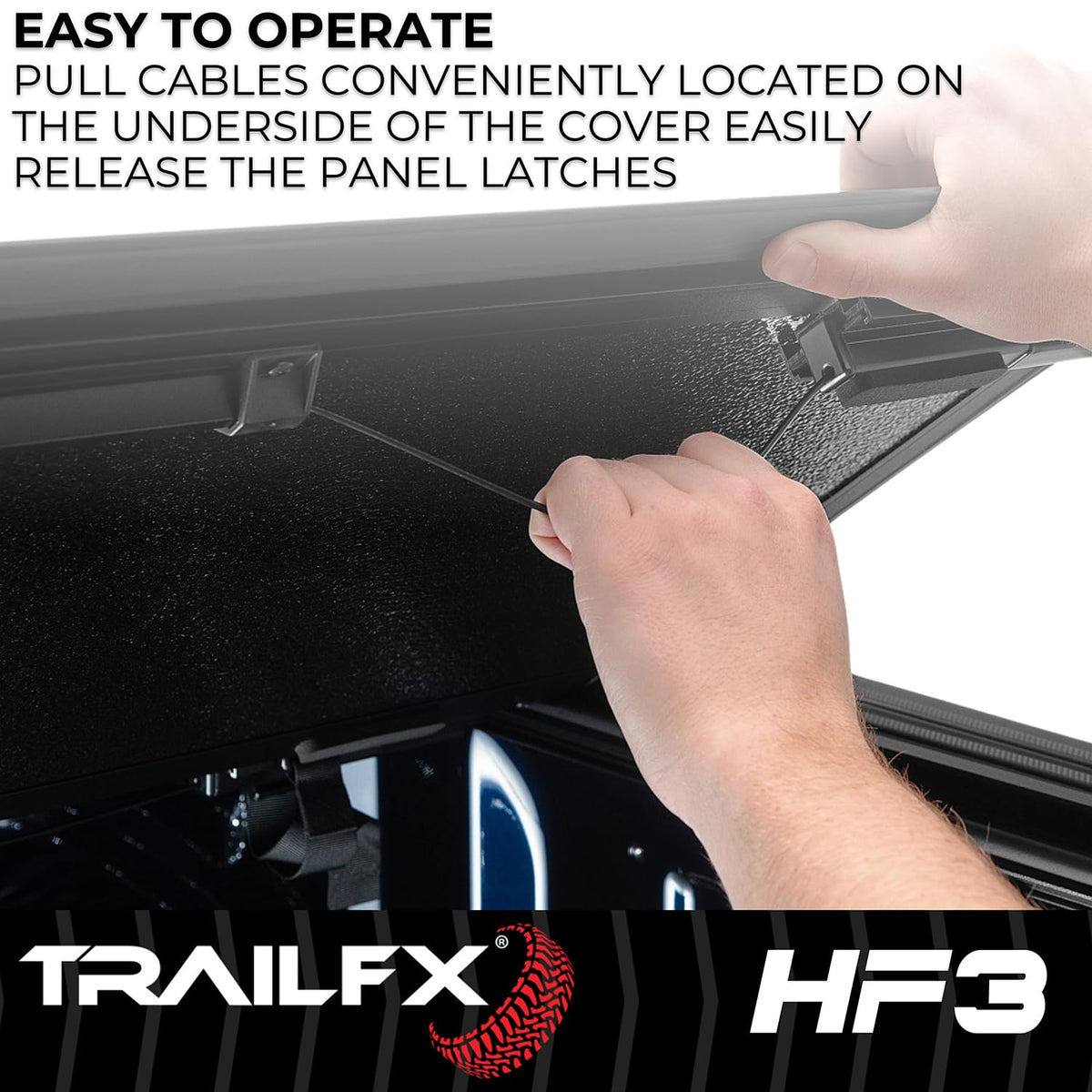 TRAILFX TFX8001 TrailFX Hard Tri-Fold Tonneau Cover Fits 2021-2025 Ford F-150 6.5 Foot Bed Hard Folding Cover 3 Folds 3 Panels Lockable Tailgate Handle Gloss Black Textured Aluminum Clamp-On Installation