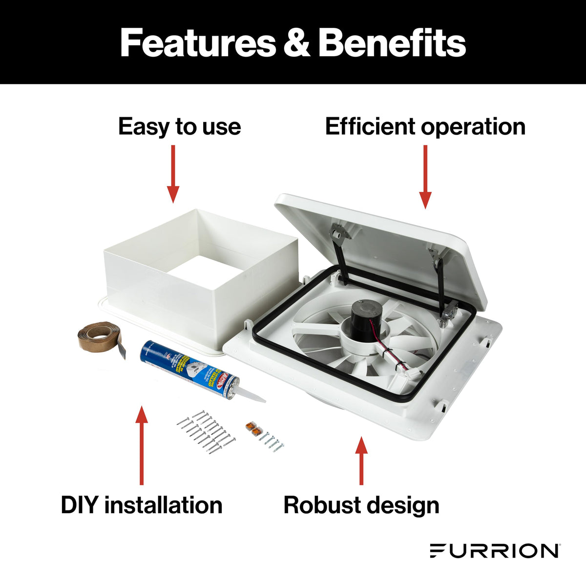 FURRION LLC FVF14D90R6A-PW-AM Furrion 10-Blade, 14" RV Rooftop Vent Exhaust Fan with Lid, Four Fan Speeds, Push-Button Controls, Removable Insect Screen, Flush-Mount Design for 2" to 7" Thick Roofs, White - FVF14D90R6A-PS-AM