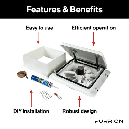 FURRION LLC FVF14D90R6A-PW-AM Furrion 10-Blade, 14" RV Rooftop Vent Exhaust Fan with Lid, Four Fan Speeds, Push-Button Controls, Removable Insect Screen, Flush-Mount Design for 2" to 7" Thick Roofs, White - FVF14D90R6A-PS-AM