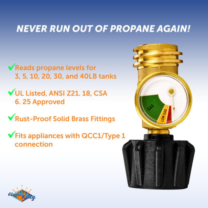 FLAME KING PTC-01 Flame King Propane Tank Gauge Level Indicator Leak Detector Gas Pressure Meter Color Coded & Glow in the Dark Universal for Cylinder, BBQ Gas Grill, RV Camper, Heater and More Appliances, Brass
