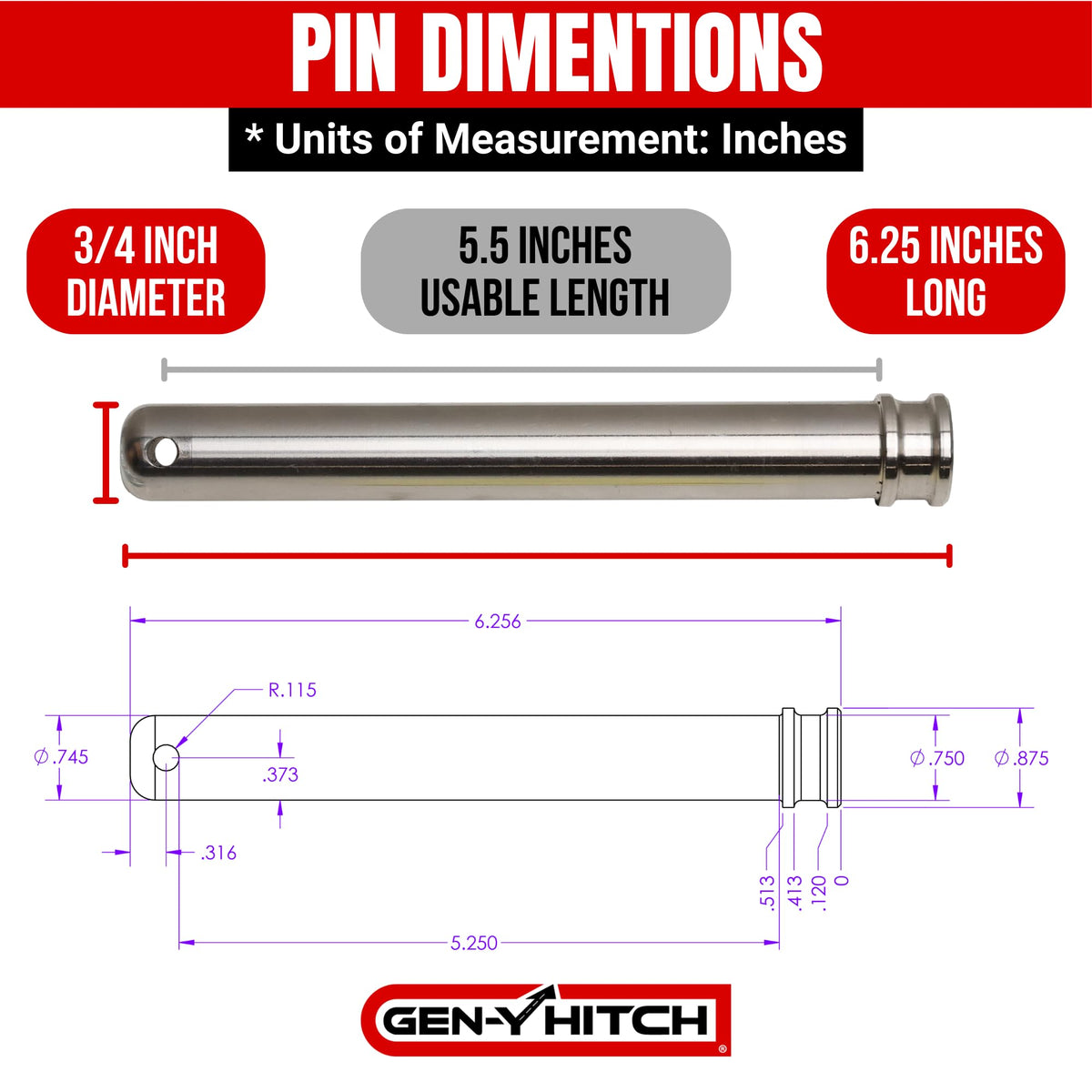 GEN-Y HITCH GH-098 GEN-Y Hitch Pin & Clip, 3/4" Diameter, 5.25" Useable Length