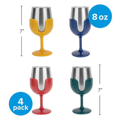 CAMCO 53465 Camco Life is Better at The Campsite Stainless Steel Wine Tumbler 4-Pack - Features Heavy Duty Double Wall Vacuum Insulation & Removable Navy, Red, Green & Yellow Stems - Holds 8-oz Each (53465)